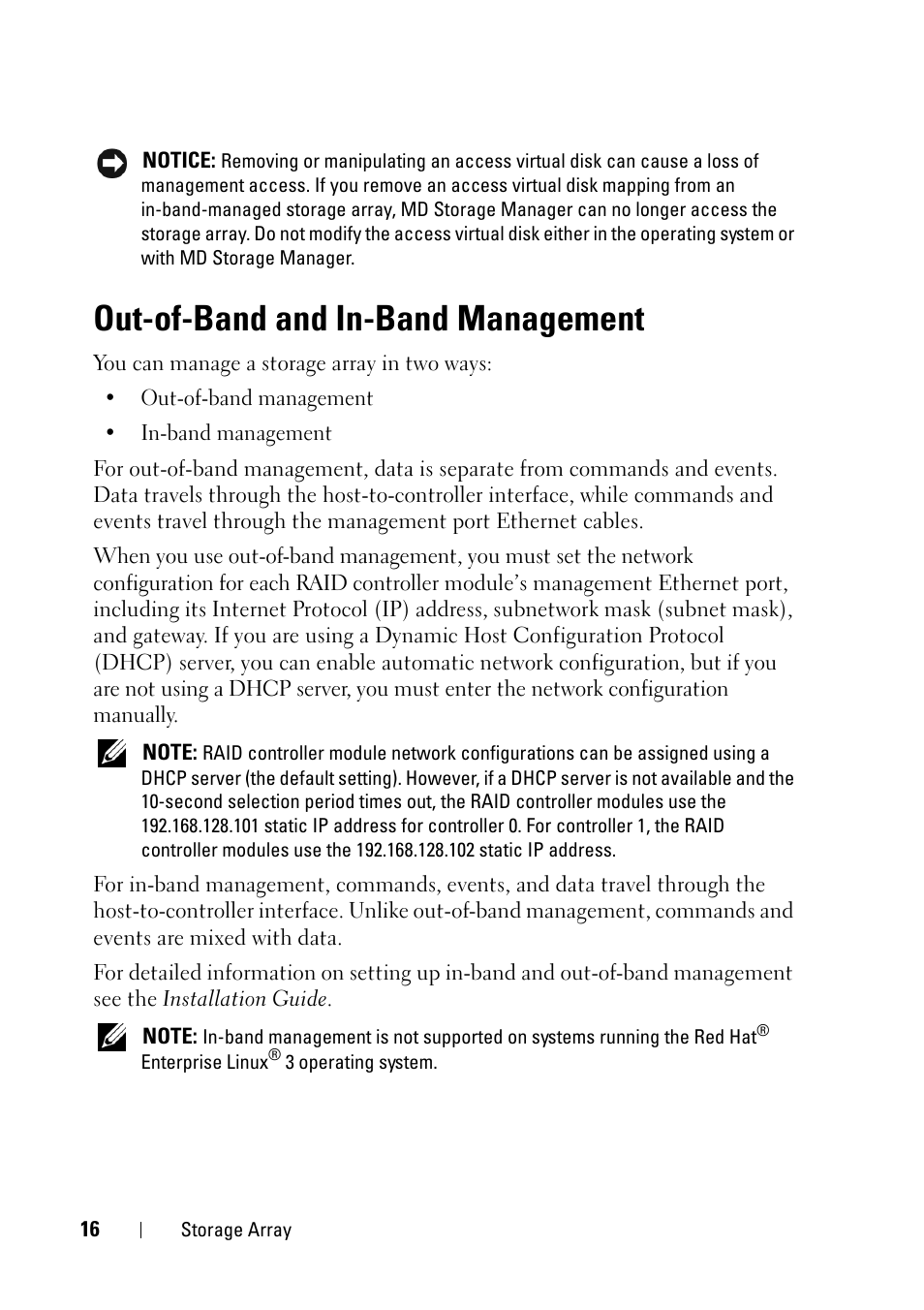 Out-of-band and in-band management | Dell PowerVault MD3000 User Manual | Page 16 / 120