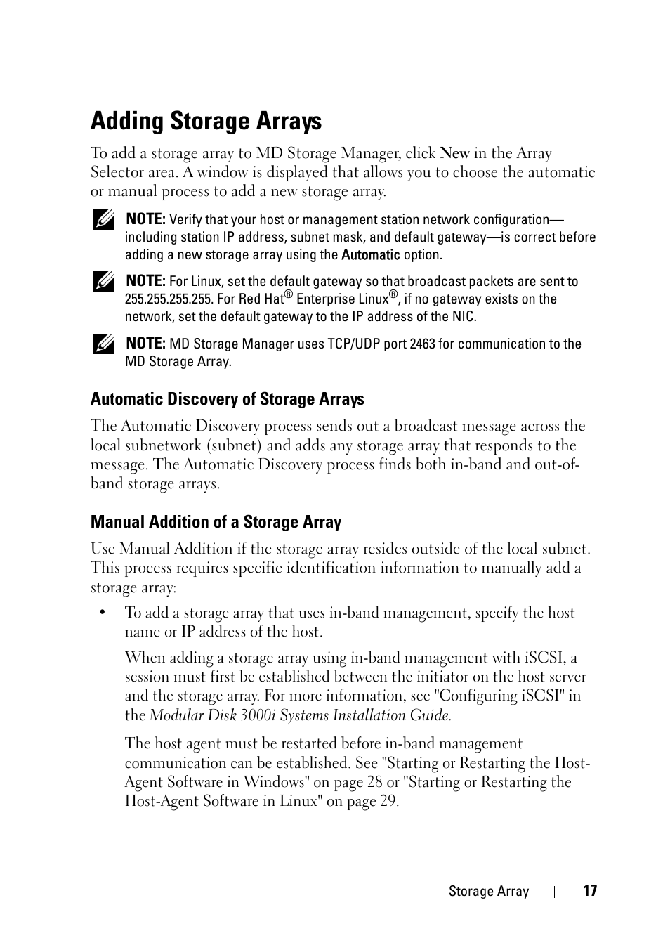 Adding storage arrays, Automatic discovery of storage arrays, Manual addition of a storage array | Dell PowerVault MD3000 User Manual | Page 17 / 120