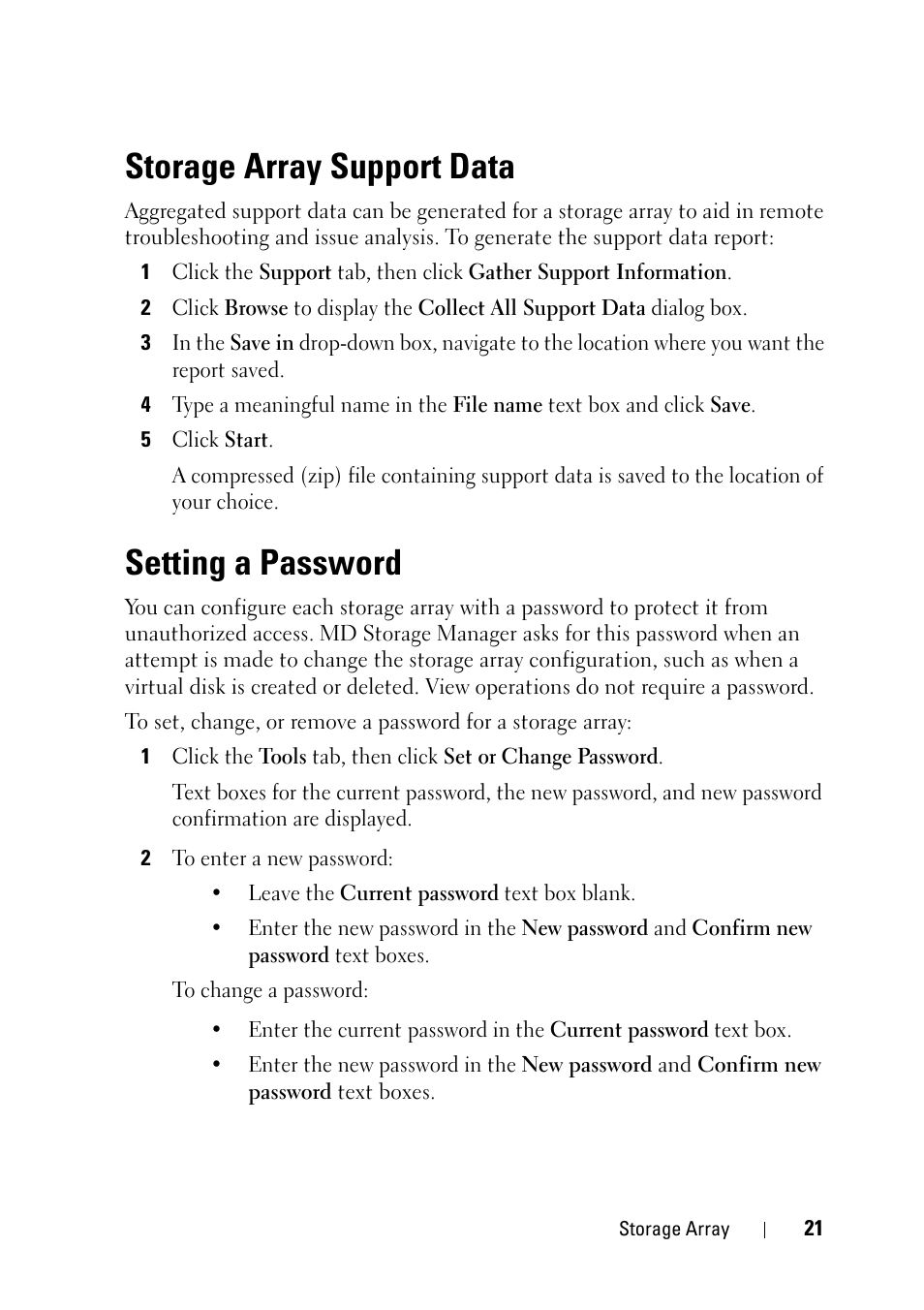 Storage array support data, Setting a password | Dell PowerVault MD3000 User Manual | Page 21 / 120