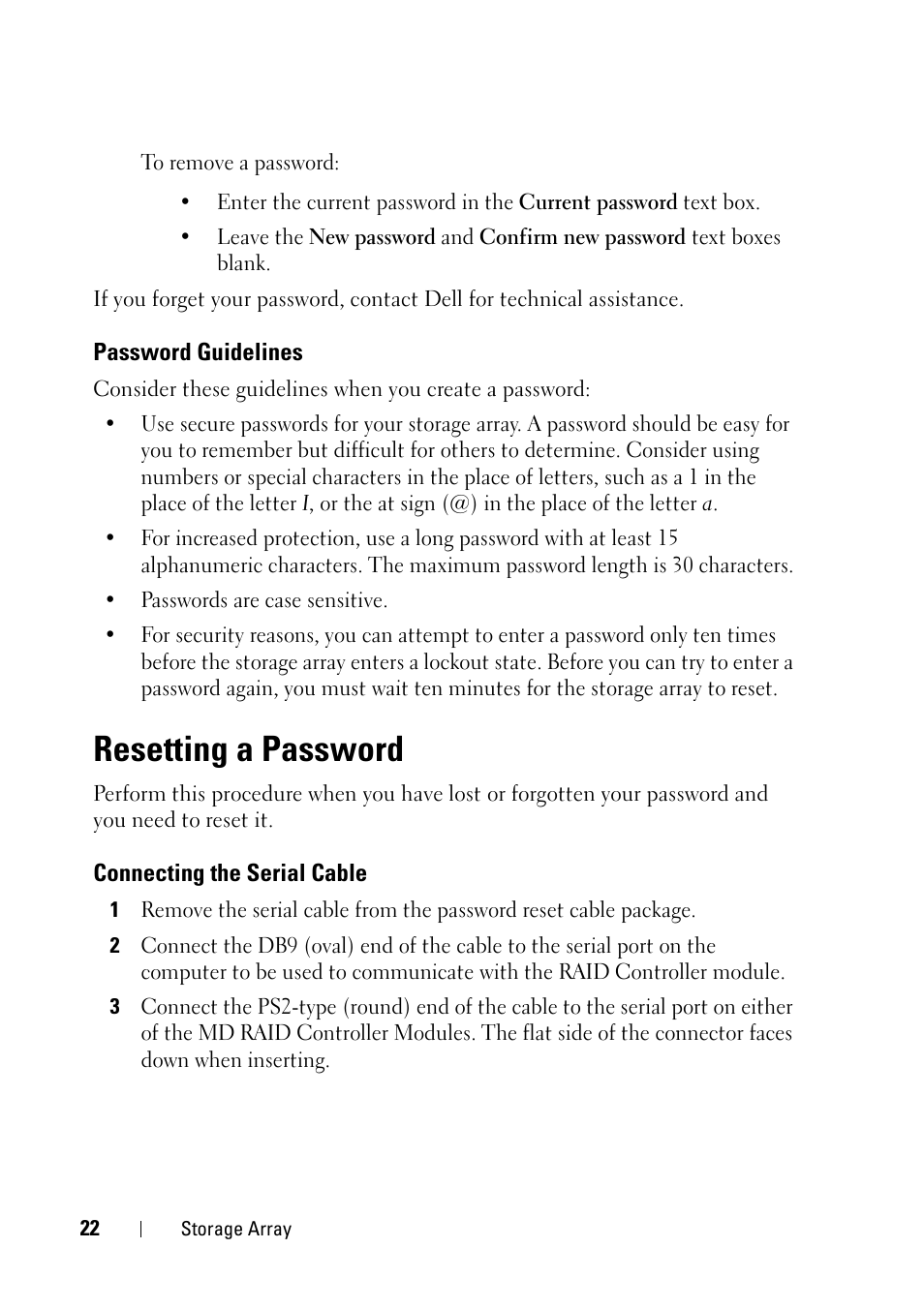 Password guidelines, Resetting a password, Connecting the serial cable | Dell PowerVault MD3000 User Manual | Page 22 / 120
