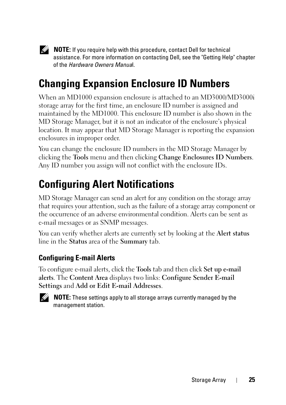Changing expansion enclosure id numbers, Configuring alert notifications, Configuring e-mail alerts | Dell PowerVault MD3000 User Manual | Page 25 / 120