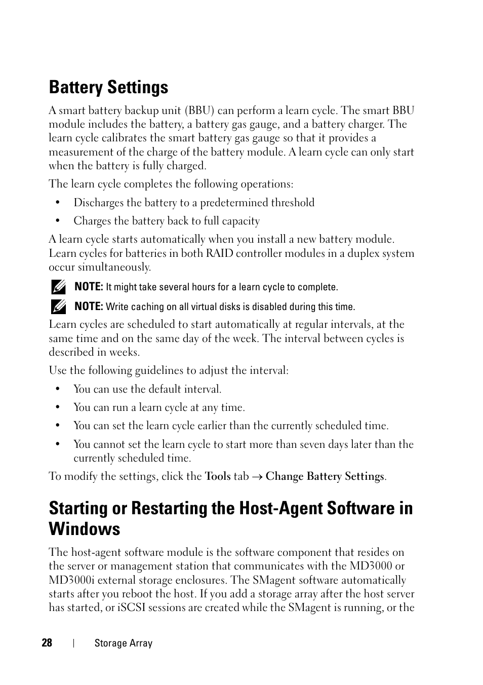 Battery settings, Ee "starting or restarting the host | Dell PowerVault MD3000 User Manual | Page 28 / 120