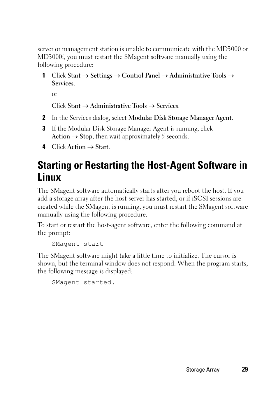 Starting or restarting the | Dell PowerVault MD3000 User Manual | Page 29 / 120