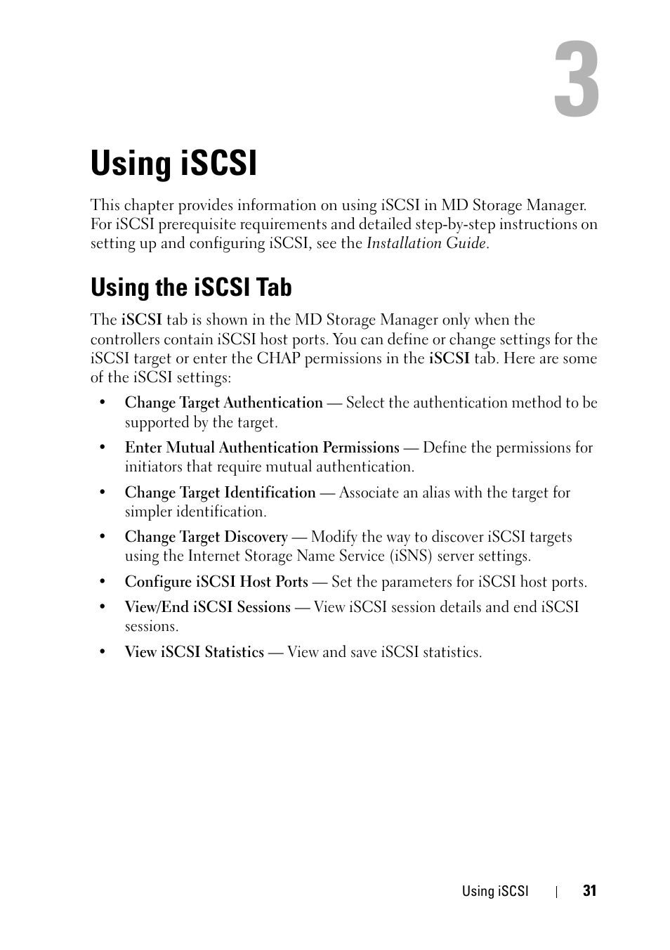 Using iscsi, Using the iscsi tab | Dell PowerVault MD3000 User Manual | Page 31 / 120