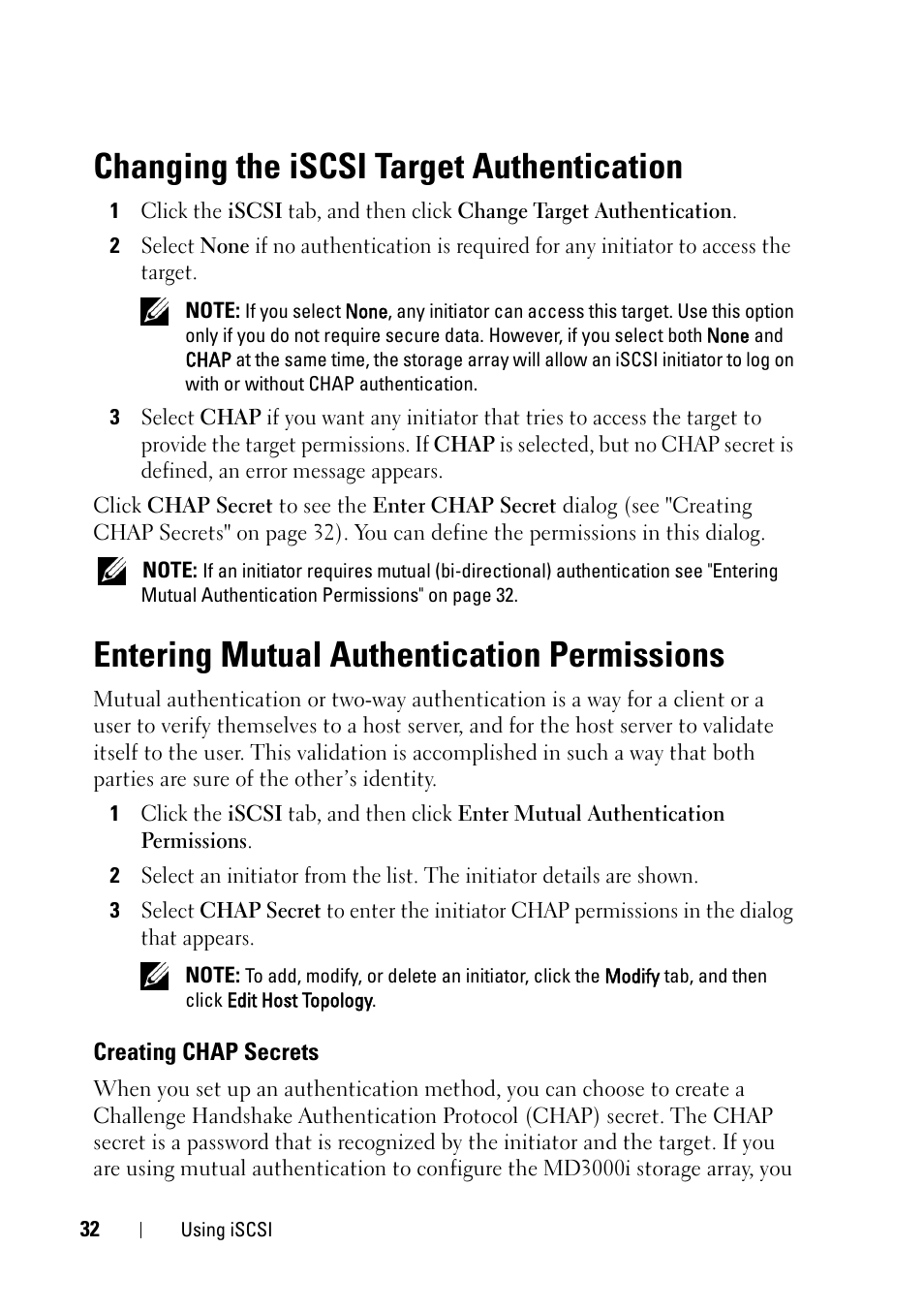 Changing the iscsi target authentication, Entering mutual authentication permissions, Creating chap secrets | Dell PowerVault MD3000 User Manual | Page 32 / 120