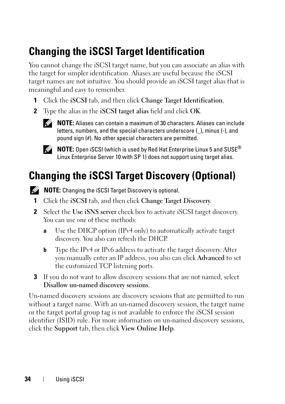 Changing the iscsi target identification, Changing the iscsi target discovery (optional) | Dell PowerVault MD3000 User Manual | Page 34 / 120