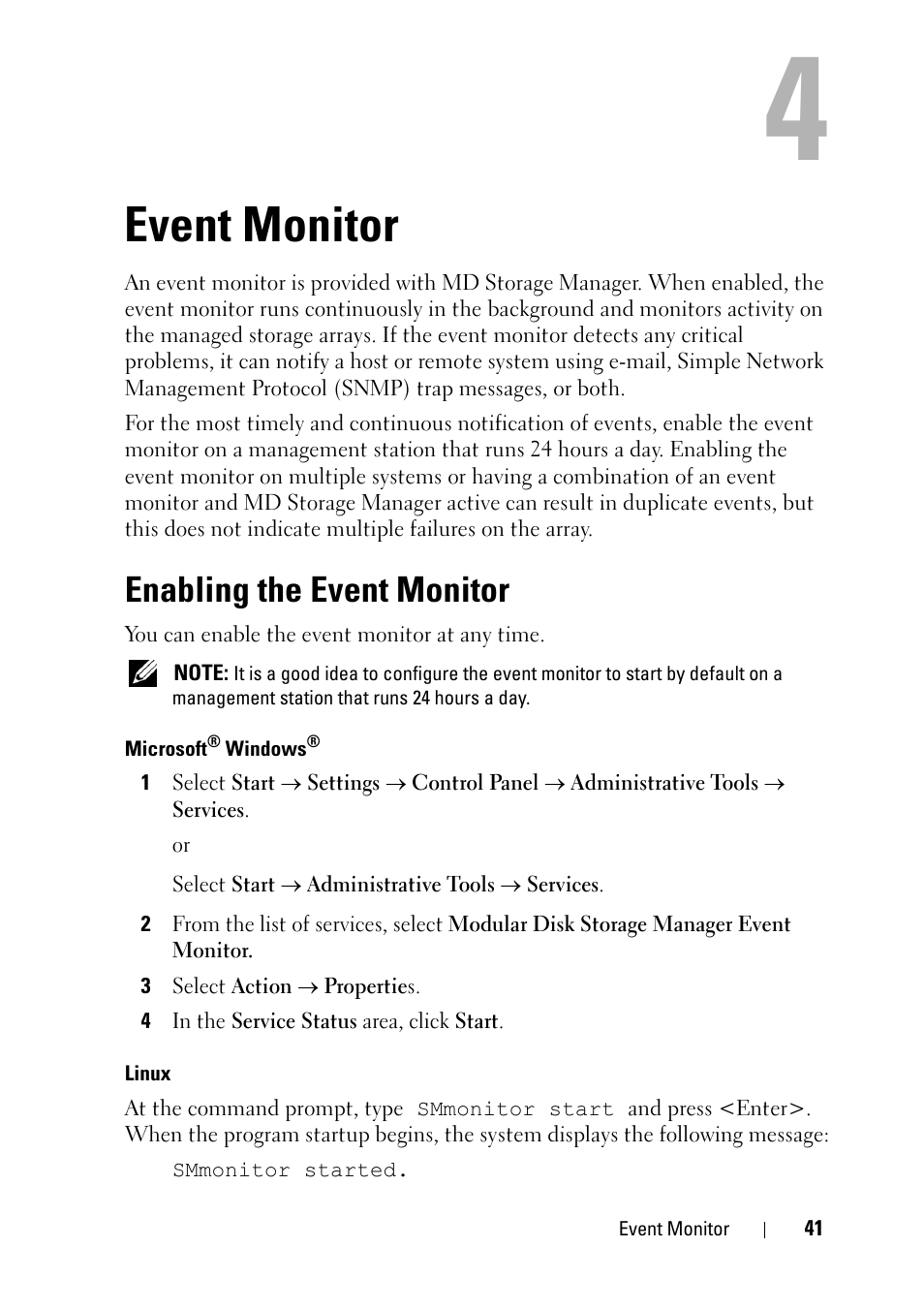Event monitor, Enabling the event monitor | Dell PowerVault MD3000 User Manual | Page 41 / 120
