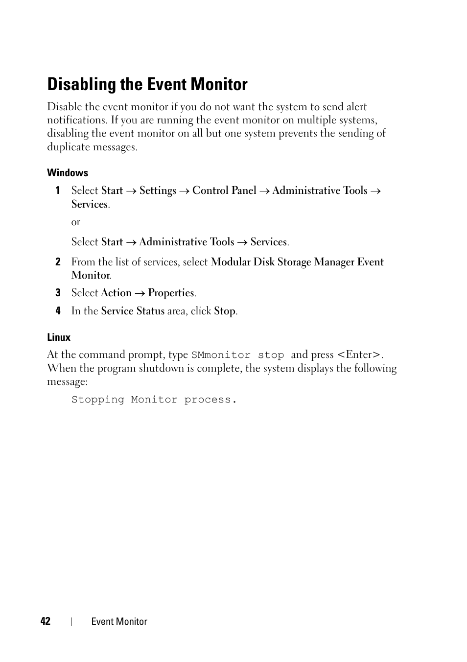 Disabling the event monitor | Dell PowerVault MD3000 User Manual | Page 42 / 120