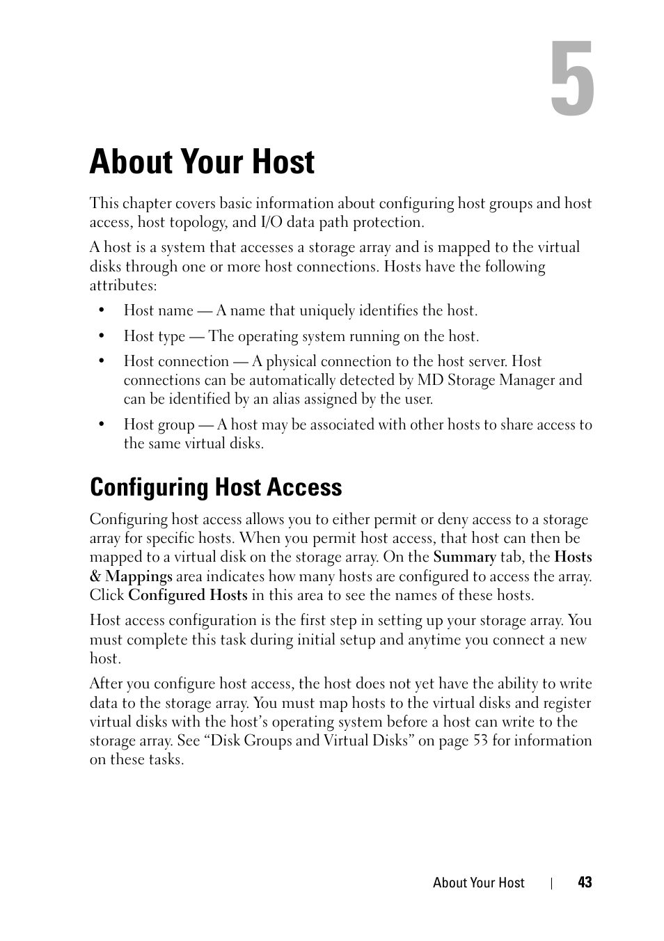 About your host, Configuring host access | Dell PowerVault MD3000 User Manual | Page 43 / 120