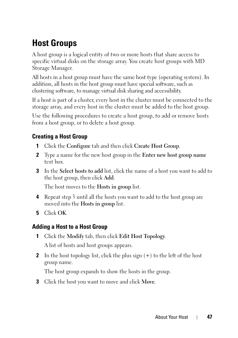 Host groups, Creating a host group, Adding a host to a host group | Dell PowerVault MD3000 User Manual | Page 47 / 120