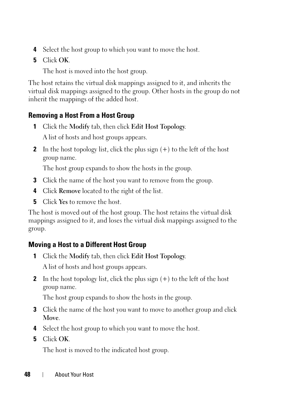 Removing a host from a host group, Moving a host to a different host group | Dell PowerVault MD3000 User Manual | Page 48 / 120