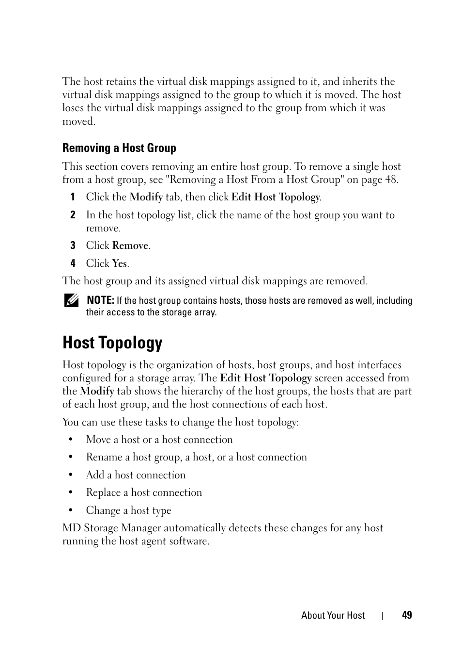 Removing a host group, Host topology | Dell PowerVault MD3000 User Manual | Page 49 / 120