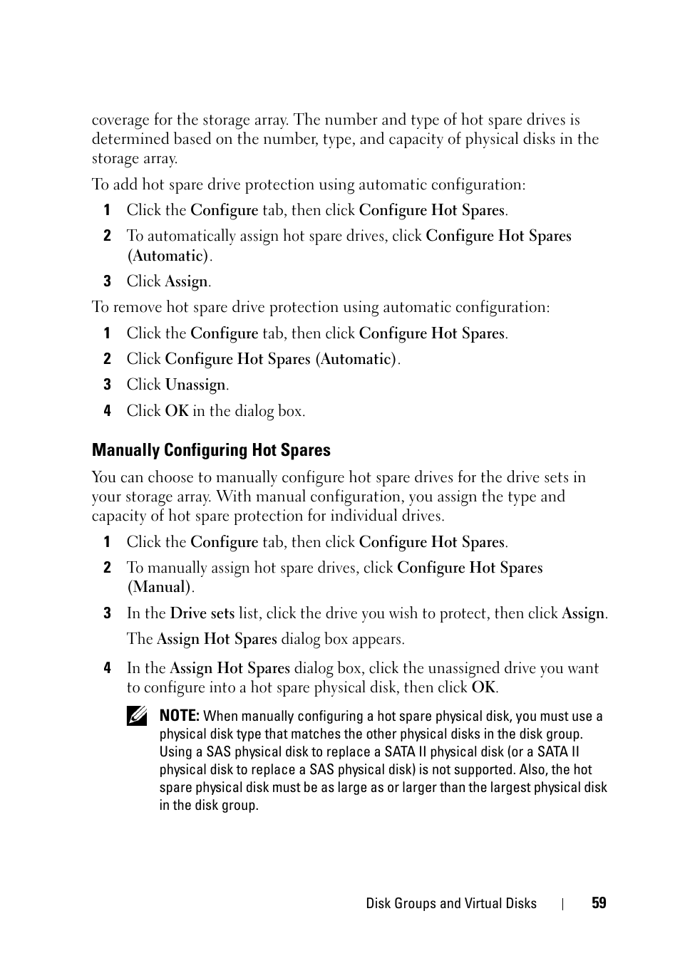 Manually configuring hot spares, Sks — see "manually | Dell PowerVault MD3000 User Manual | Page 59 / 120