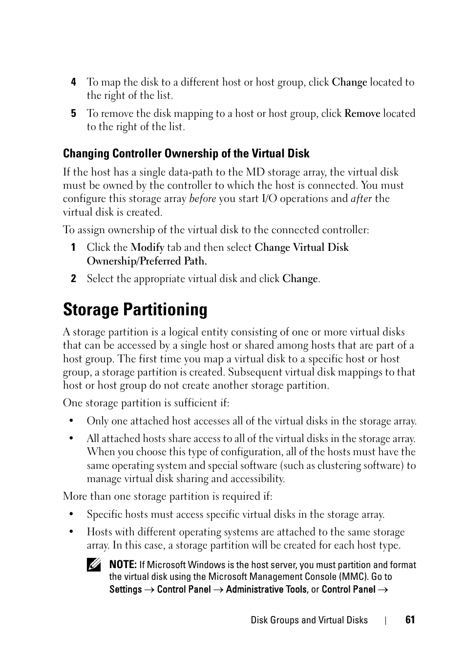 Changing controller ownership of the virtual disk, Storage partitioning, Changing controller ownership of the | Virtual disk | Dell PowerVault MD3000 User Manual | Page 61 / 120