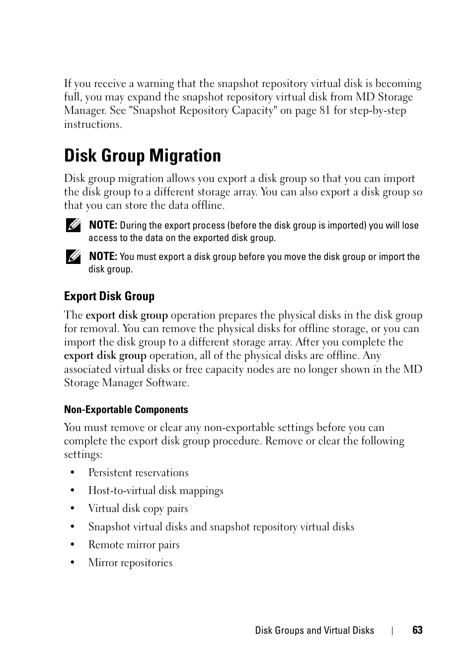 Disk group migration, Export disk group | Dell PowerVault MD3000 User Manual | Page 63 / 120