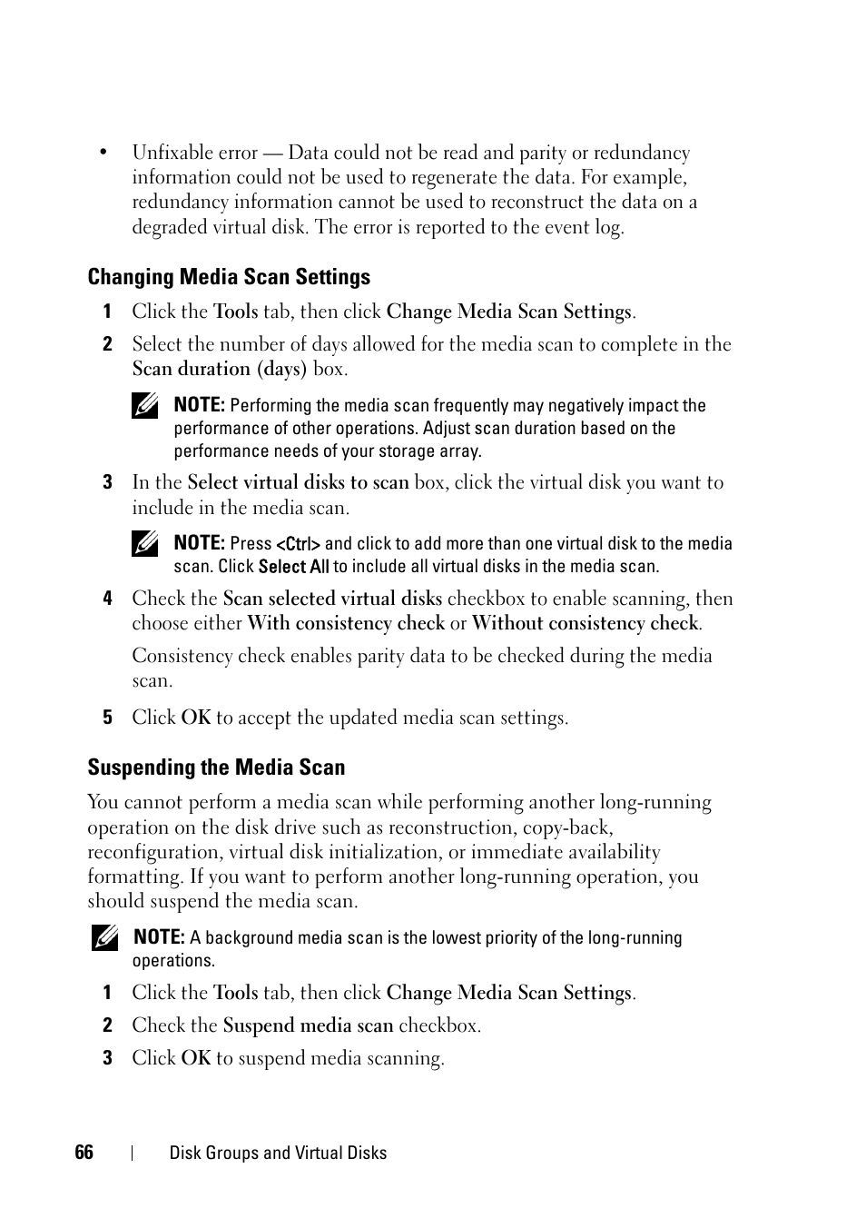 Changing media scan settings, Suspending the media scan | Dell PowerVault MD3000 User Manual | Page 66 / 120