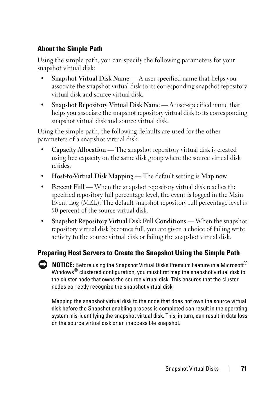 About the simple path, Preparing host servers to create the snapshot, Using the simple path | Dell PowerVault MD3000 User Manual | Page 71 / 120