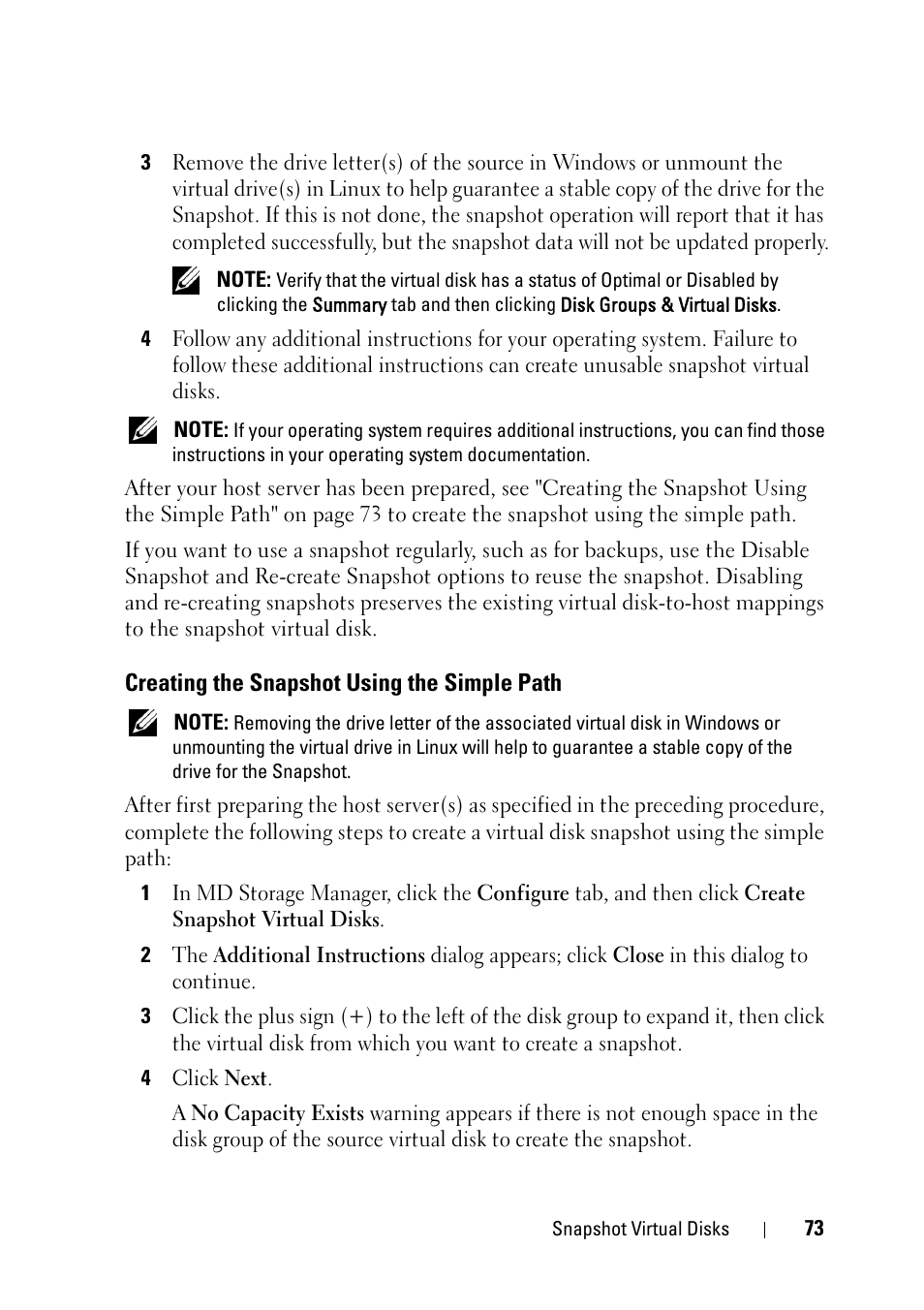 Creating the snapshot using the simple path, Creating the snapshot using the simple, Path | Dell PowerVault MD3000 User Manual | Page 73 / 120