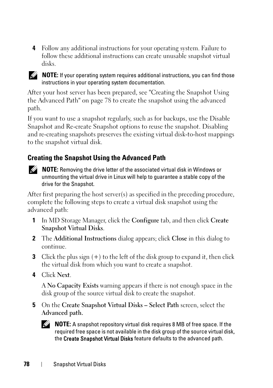 Creating the snapshot using the advanced path, Creating the snapshot using the advanced, Path | Dell PowerVault MD3000 User Manual | Page 78 / 120