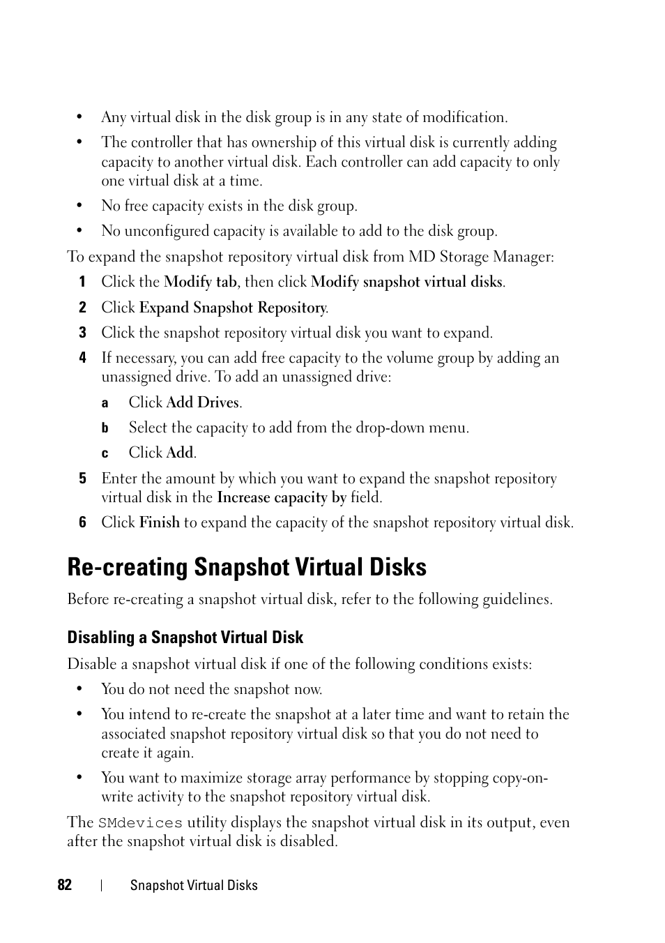 Re-creating snapshot virtual disks, Disabling a snapshot virtual disk, Ee "re-creating | Dell PowerVault MD3000 User Manual | Page 82 / 120