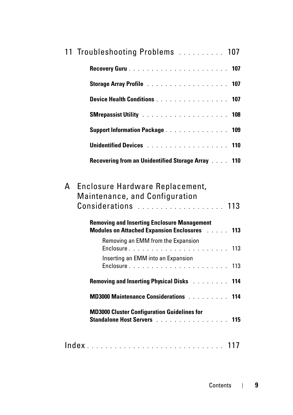 11 troubleshooting problems, Index | Dell PowerVault MD3000 User Manual | Page 9 / 120