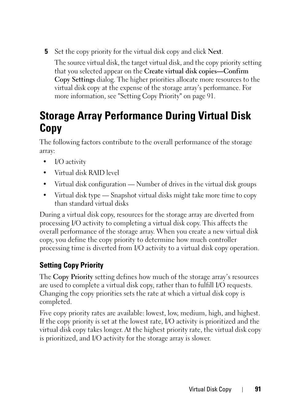Storage array performance during virtual disk copy, Setting copy priority | Dell PowerVault MD3000 User Manual | Page 91 / 120