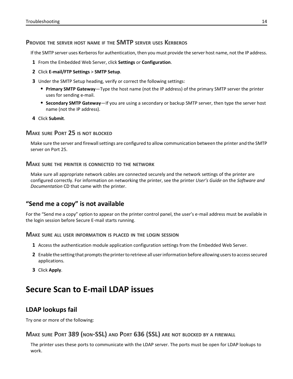 Make sure port 25 is not blocked, Make sure the printer is connected to the network, Send me a copy” is not available | Secure scan to e-mail ldap issues, Ldap lookups fail, Smtp, Ssl), 636 (ssl) | Dell B3465dnf Mono Laser Multifunction Printer User Manual | Page 14 / 24