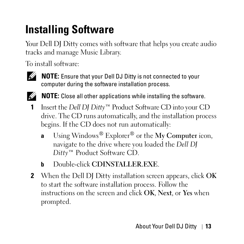 Installing software | Dell DJ Ditty User Manual | Page 13 / 70