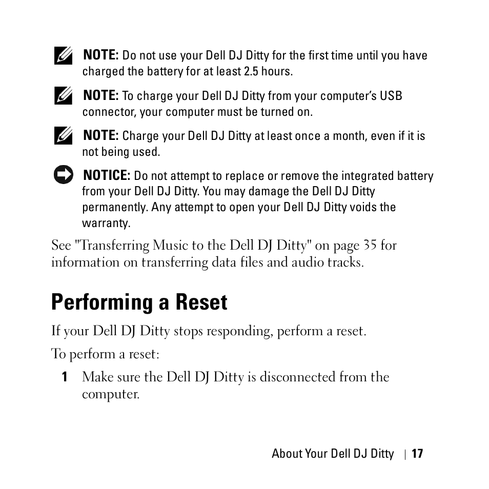 Performing a reset | Dell DJ Ditty User Manual | Page 17 / 70