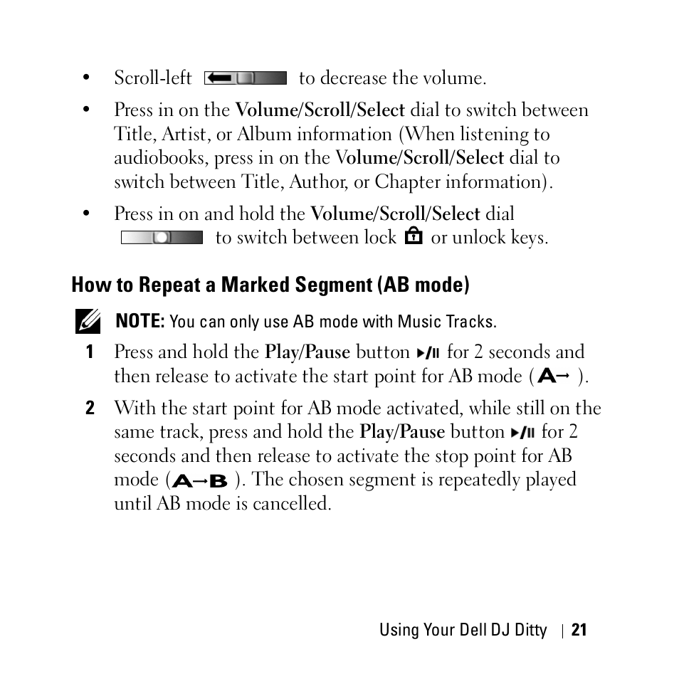 How to repeat a marked segment (ab mode) | Dell DJ Ditty User Manual | Page 21 / 70