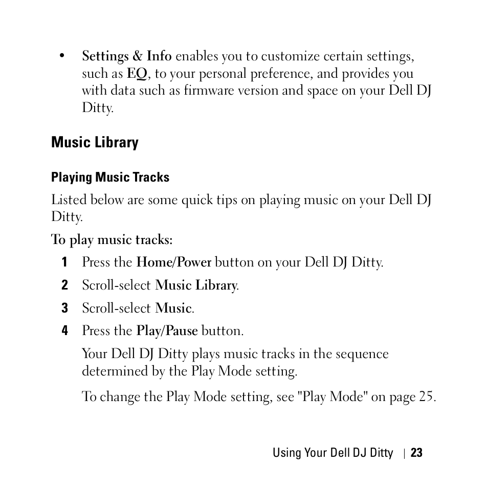 Music library, Playing music tracks | Dell DJ Ditty User Manual | Page 23 / 70