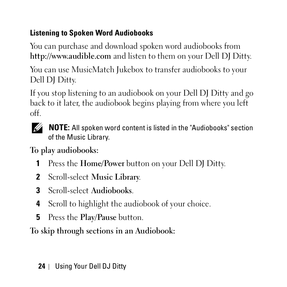 Listening to spoken word audiobooks | Dell DJ Ditty User Manual | Page 24 / 70