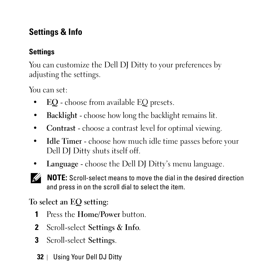 Settings & info, Settings | Dell DJ Ditty User Manual | Page 32 / 70