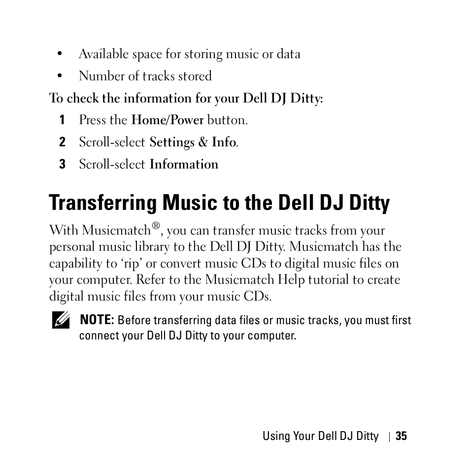 Transferring music to the dell dj ditty, Transferring music to the dell | Dell DJ Ditty User Manual | Page 35 / 70