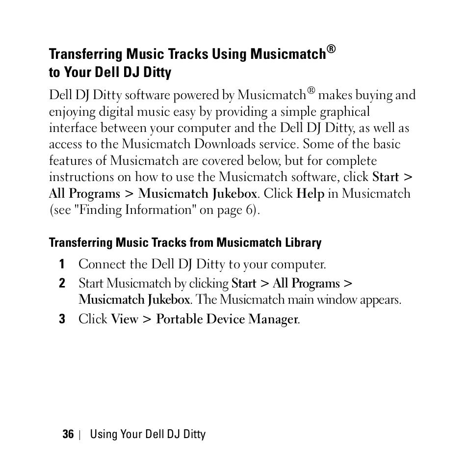 Transferring music tracks from musicmatch library | Dell DJ Ditty User Manual | Page 36 / 70
