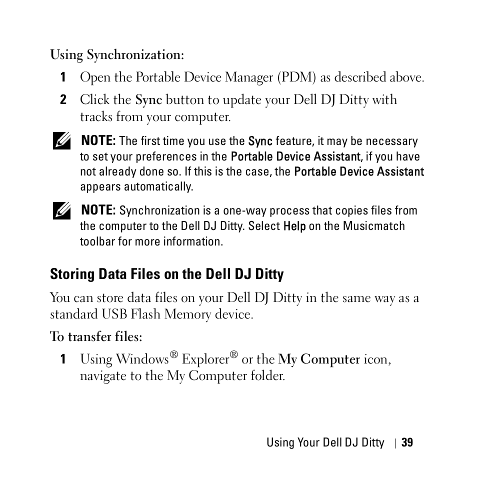 Storing data files on the dell dj ditty | Dell DJ Ditty User Manual | Page 39 / 70