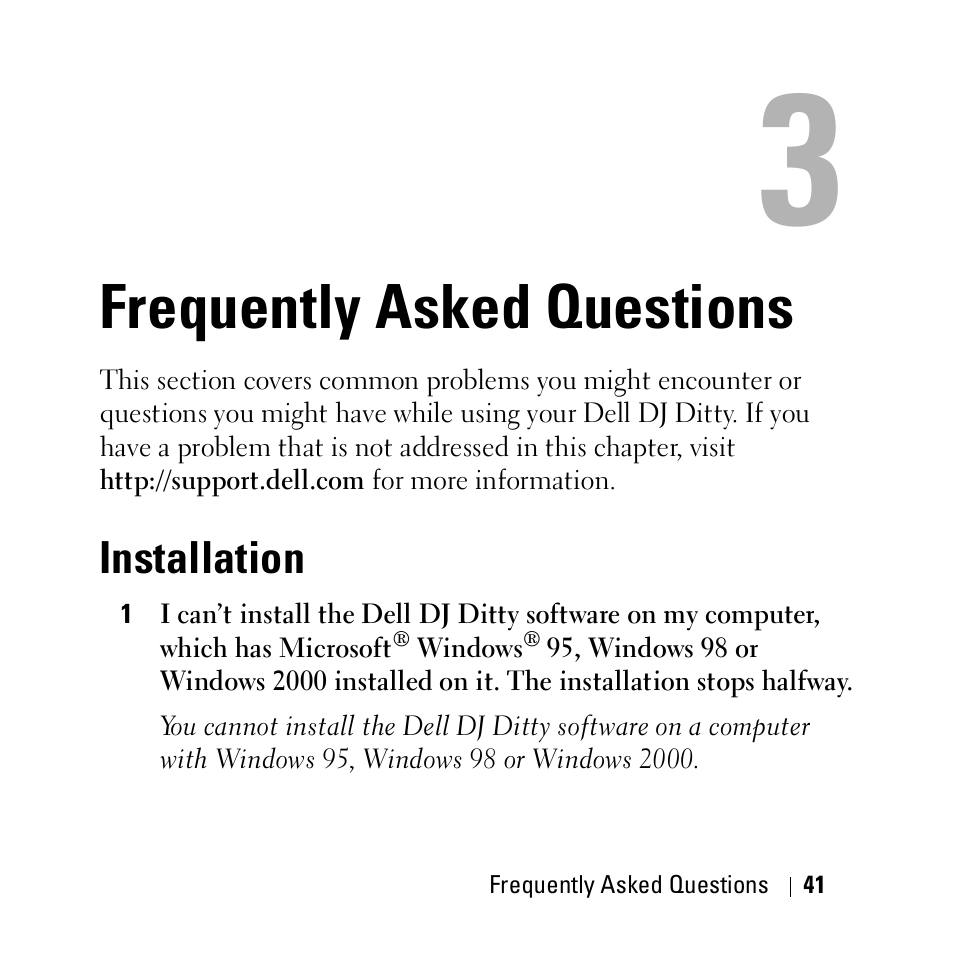 Frequently asked questions, Installation, 3 frequently asked questions | Dell DJ Ditty User Manual | Page 41 / 70