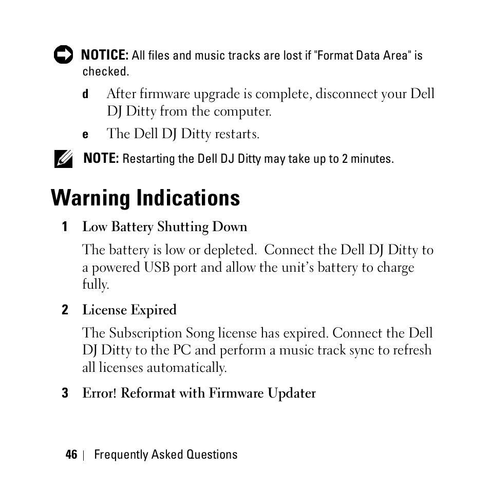 Warning indications | Dell DJ Ditty User Manual | Page 46 / 70