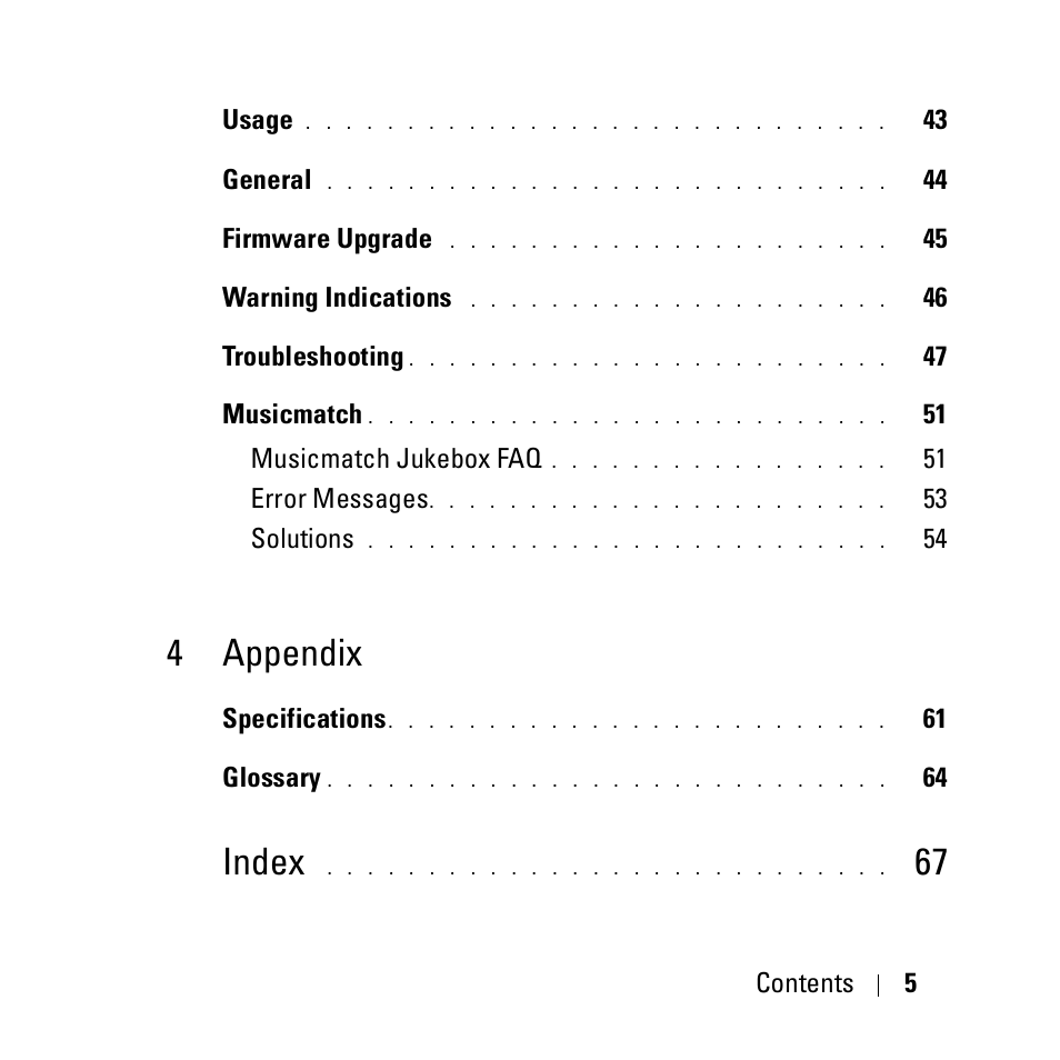 4 appendix, Index | Dell DJ Ditty User Manual | Page 5 / 70