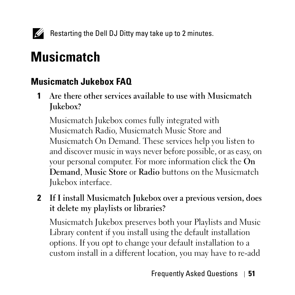 Musicmatch, Musicmatch jukebox faq | Dell DJ Ditty User Manual | Page 51 / 70