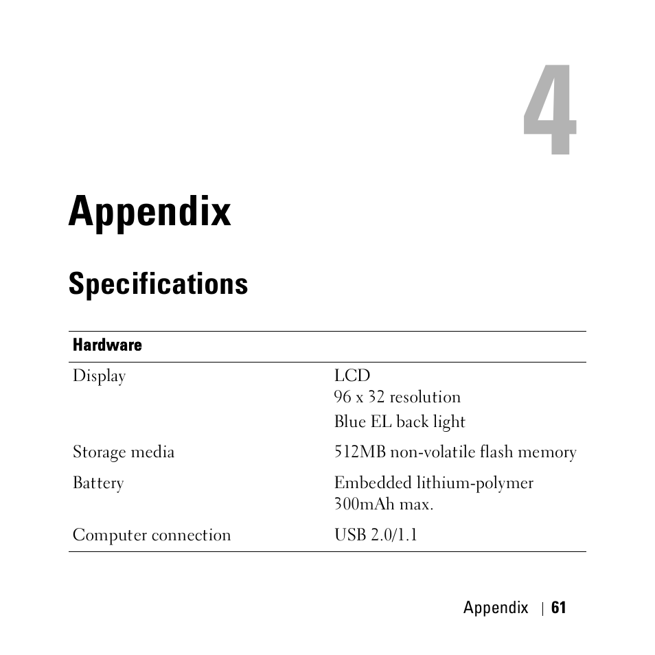 Appendix, Specifications, 4 appendix | Dell DJ Ditty User Manual | Page 61 / 70