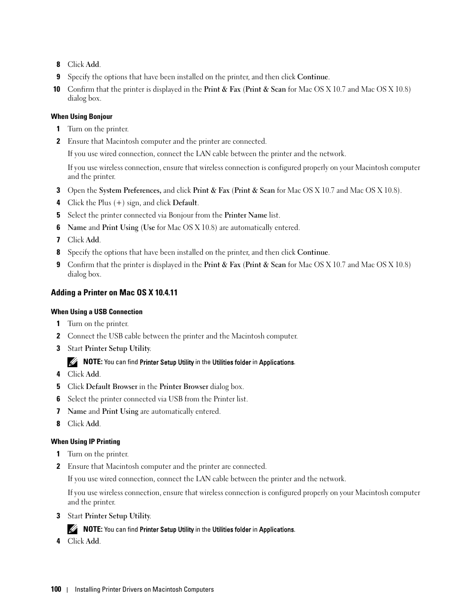 Adding a printer on mac os x 10.4.11 | Dell C3760dn Color Laser Printer User Manual | Page 102 / 412