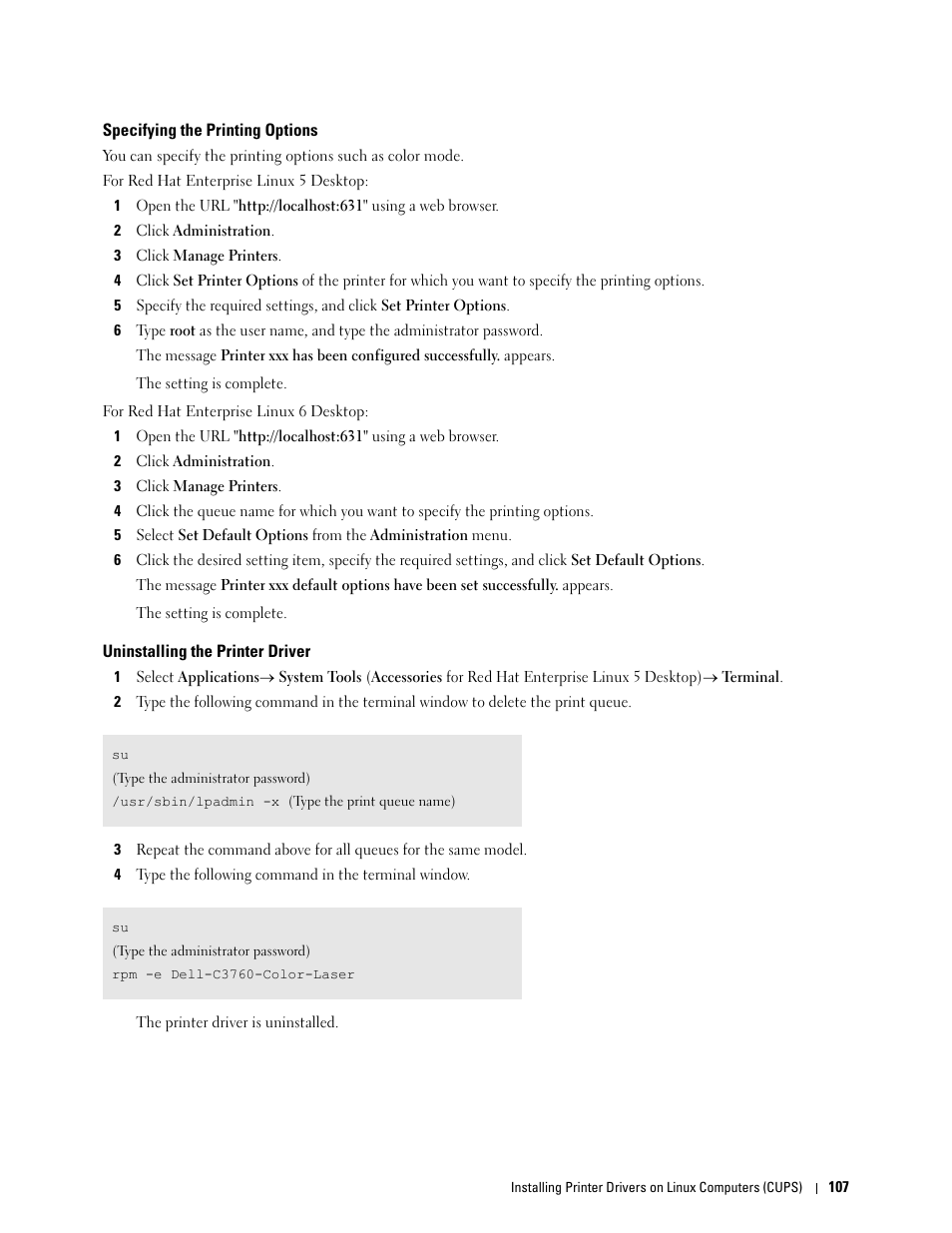 Specifying the printing options, Uninstalling the printer driver | Dell C3760dn Color Laser Printer User Manual | Page 109 / 412