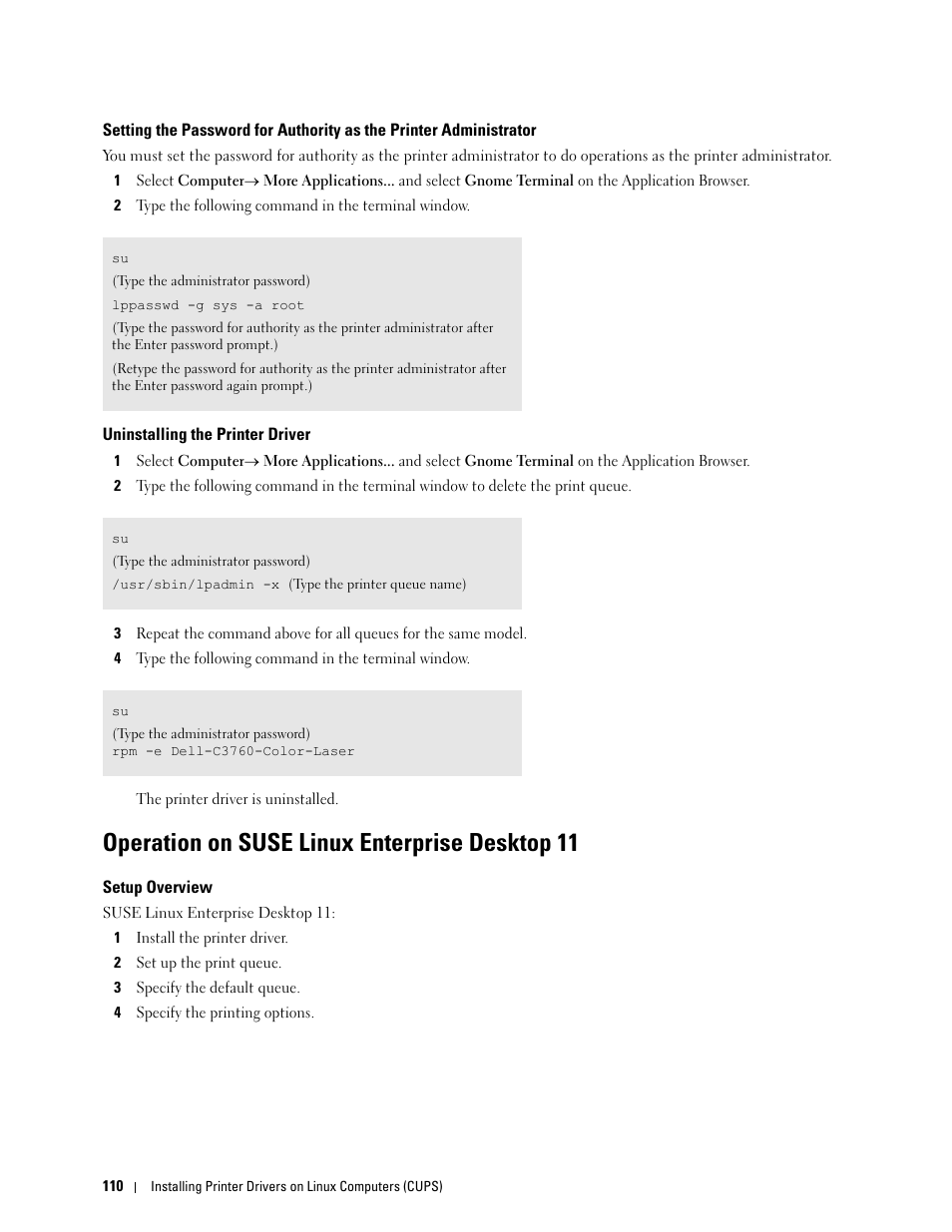 Uninstalling the printer driver, Operation on suse linux enterprise desktop 11, Setup overview | Dell C3760dn Color Laser Printer User Manual | Page 112 / 412