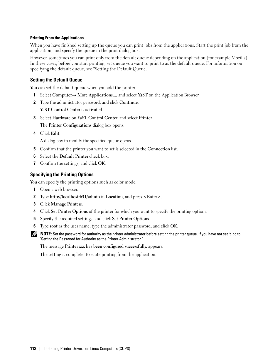 Setting the default queue, Specifying the printing options | Dell C3760dn Color Laser Printer User Manual | Page 114 / 412