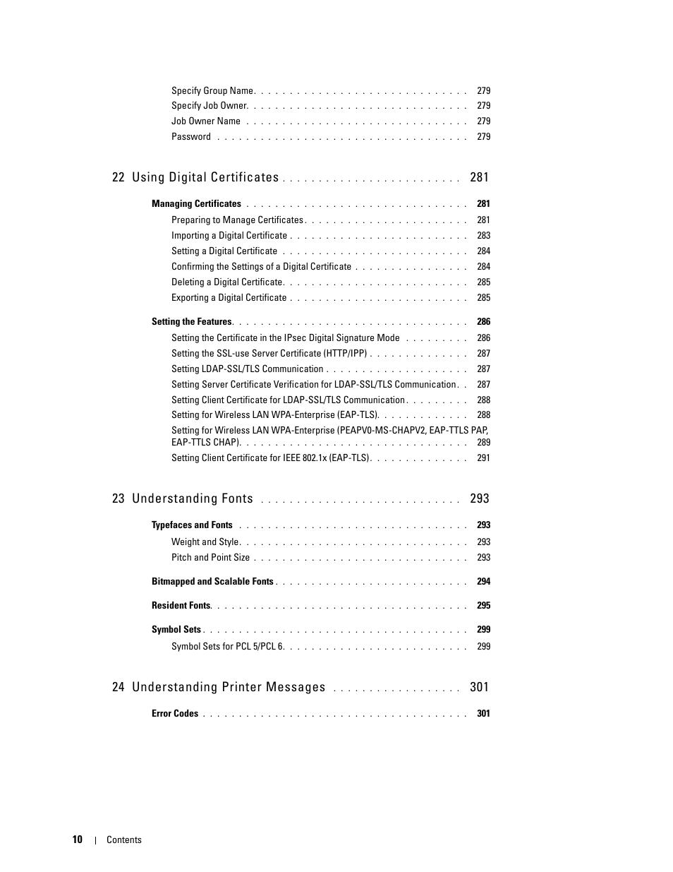 22 using digital certificates 281, 23 understanding fonts 293, 24 understanding printer messages 301 | 22 using digital certificates, 23 understanding fonts, 24 understanding printer messages | Dell C3760dn Color Laser Printer User Manual | Page 12 / 412