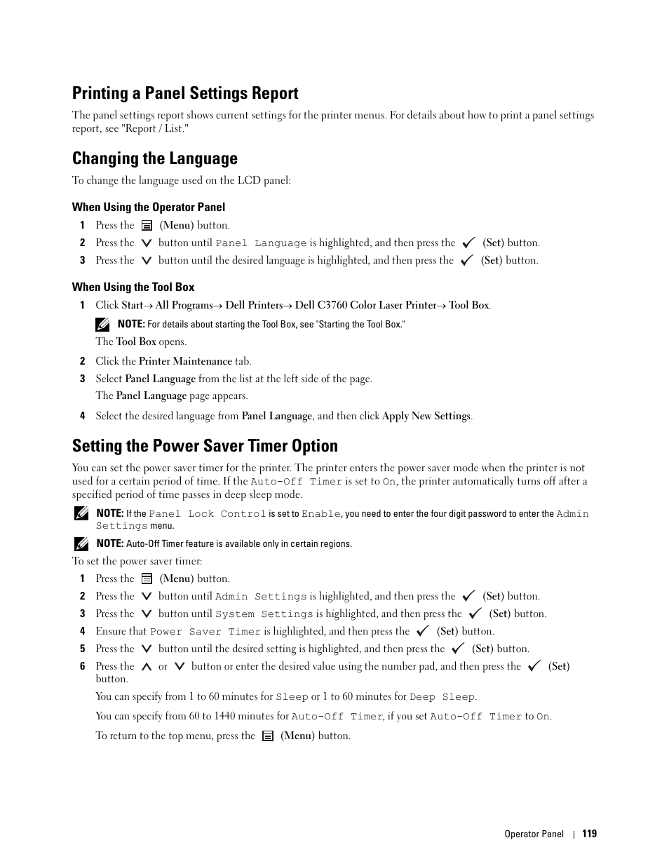 Printing a panel settings report, Changing the language, When using the operator panel | When using the tool box, Setting the power saver timer option | Dell C3760dn Color Laser Printer User Manual | Page 121 / 412