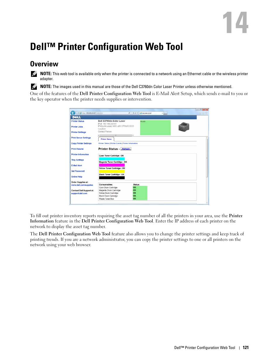 Dell™ printer configuration web tool, Overview, 14 dell™ printer configuration web tool | Dell C3760dn Color Laser Printer User Manual | Page 123 / 412