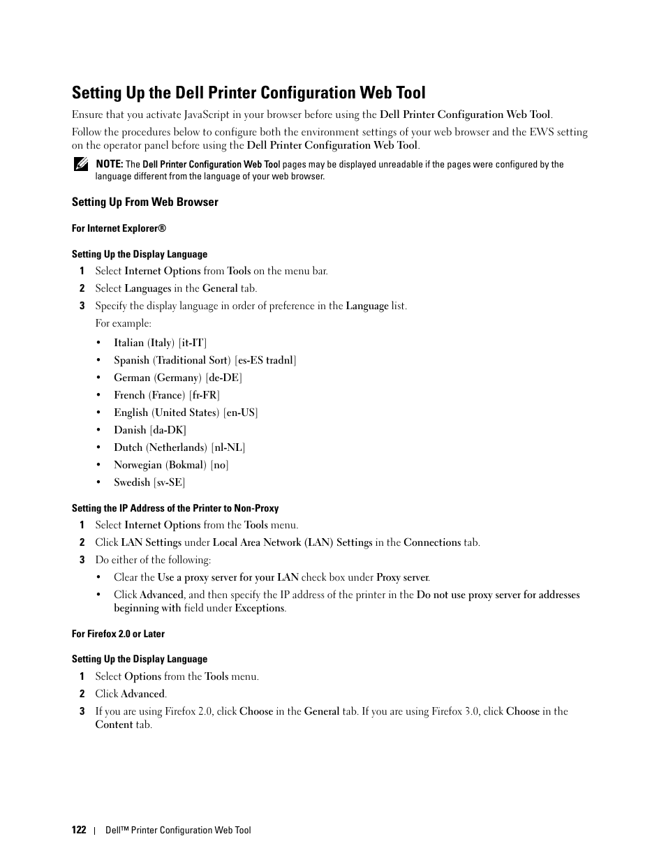 Setting up the dell printer configuration web tool, Setting up from web browser | Dell C3760dn Color Laser Printer User Manual | Page 124 / 412