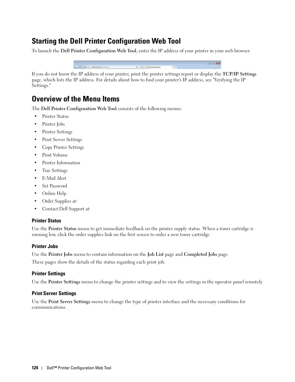 Starting the dell printer configuration web tool, Overview of the menu items, Printer status | Printer jobs, Printer settings, Print server settings | Dell C3760dn Color Laser Printer User Manual | Page 126 / 412